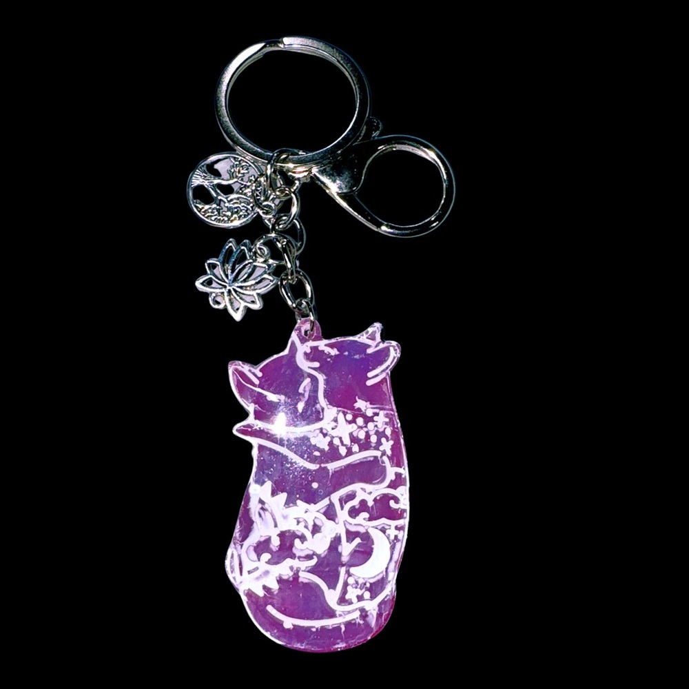 Purple Cat Keychain with Silver Charms